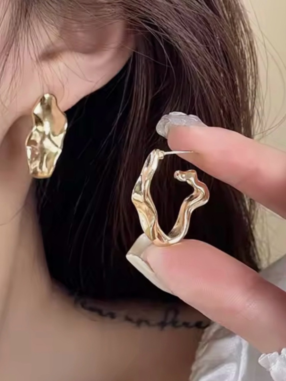 Asymmetrical Sculpted Earrings Crumpled Molten Metal Gold JL08 AU